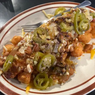 Combination of a chili cheese, dog and chili cheese, tater tots‼