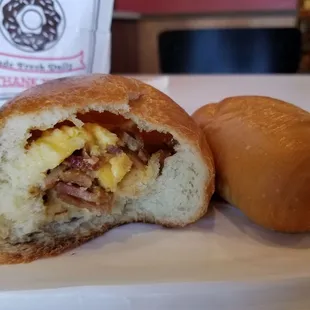 (L) Bacon, eggs, (R) Sausage.