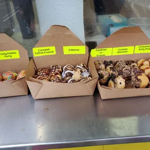 Three of the sizes available: half dozen, dozen, monster box (18).  You may pick one flavor for every 6 donuts.
