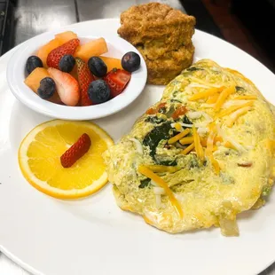 Garden omelette with fresh fruit and sage biscuit