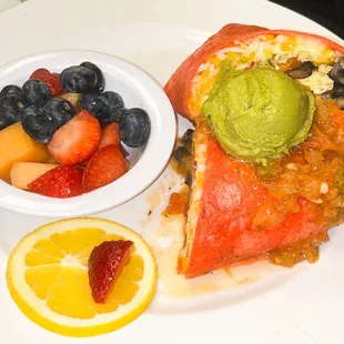 Raging breakfast burrito with fresh fruit
