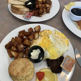 In background, house-made corned beef hash breakfast.