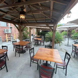 outdoor dining area with tables and chairs