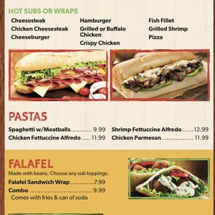 Subs pastas menue