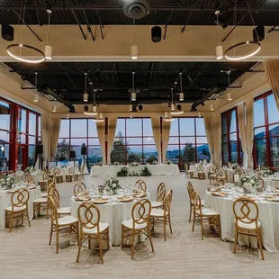 Host your Reception in our grand Ivy Ballroom!! We have in-house gold, crossback and folding chairs to select from!