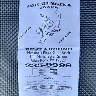 a menu for the restaurant