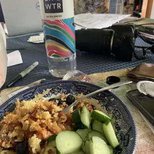 hash browns and corn bread over the breakfast enchiladas and eggs with some cucumber and blueberries turned out delightfully delicious