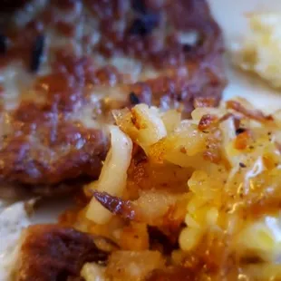 Sausage, eggs and hash browns.