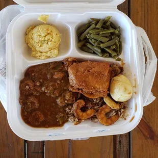 Smothered okra with crab meat and shrimp, an egg, catfish coublillion, potato salad, and green beans!