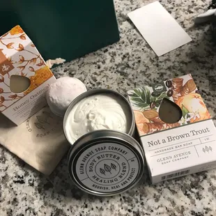 Soap, body butter and bath bomb
