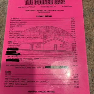 GlennO's menu. They are open seven days a week.