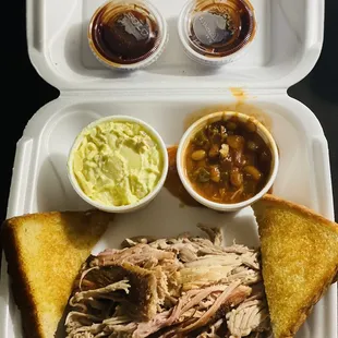 Pulled pork plate with baked beans &amp; potato salad bbq sauce &amp; bread