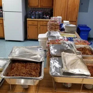 Cole Slaw, Brisket, to die for beans, pork....