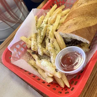 Philly Cheesesteak with garlic Parmesan fries