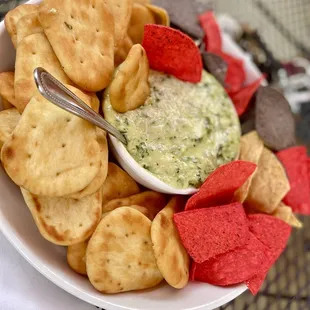 a plate of chips and dip