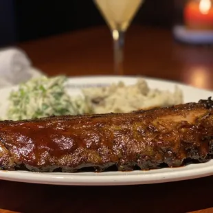  ribs, mashed potatoes, and a glass of wine