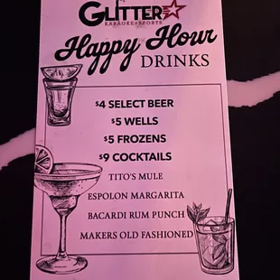 a happy hour drinks menu