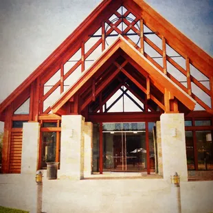 the entrance to a restaurant