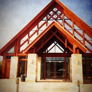 the entrance to a restaurant