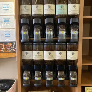 shelves of coffee beans and spices