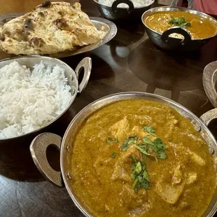 Top: Butter Chicken Middle: Garlic Naan Bottom: Karahi Curry
