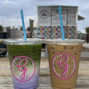 Vanilla latte &amp; matcha latte with taro