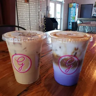 Gloria's lstte with oat and Taro latte with almond milk