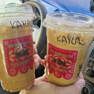 Left La Gloria (cajeta &amp; pecan) latte; right Mazapán latte both with oat milk (alternative for those with sensitive tummies).