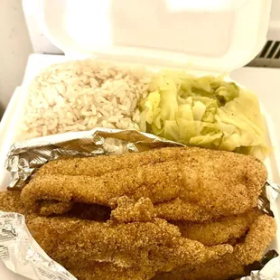 After the LA Rams Football game, we stopped at Gloria&apos;s for some yummy  food-  Catfish dinner with cabbage and rice!
