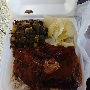 Beef brisket, greens and cabbage takeout dinner