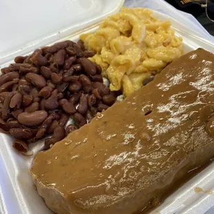 Turkey Meatloaf Plate with Red Beans &amp; Rice and Mac &amp; Cheese as the sides