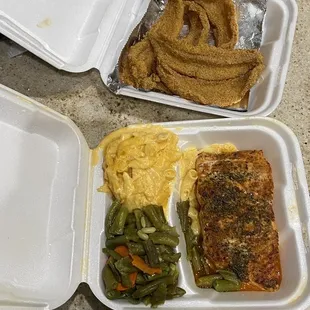 Turkey meatloaf, baked salmon, fried catfish, mac &amp; cheese, green beans, turnip greens, mashed potatoes.