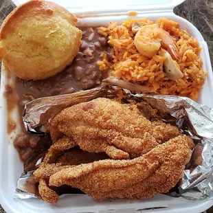 Fried catfish jambalaya Mexican beans and cornbread