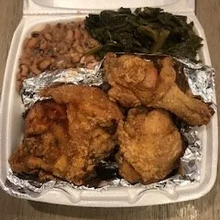 Fried chicken, collards black eye peas/rice