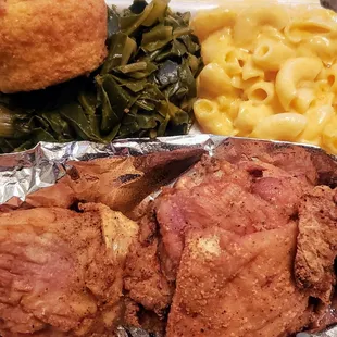 Fried chicken mac N cheese collard greens and cornbread muffin