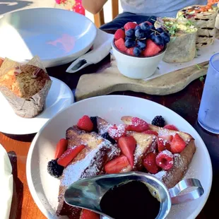 Breakfast burrito, French toast, and banana nut bread