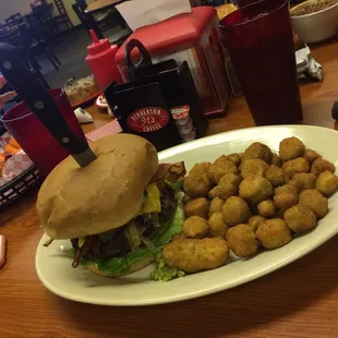 Bacon Avocado Burger with fried okra.