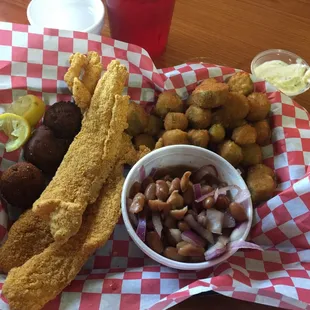 Catfish basket with beans and okra.