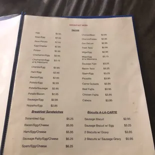 the menu for the restaurant