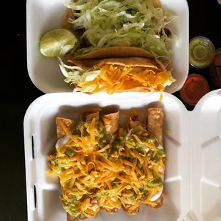 Red snapper taco, potato taco and rolled potato taquitos.