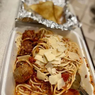 Added lots of chili flakes and shaved Parmesan to the spaghetti and meatballs!