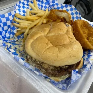 Mushroom and Swiss Burger (from frozen)  and From Frozen Fries/onion rings.