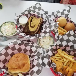 Patty cheese melt, mini sliders, fried mac and cheese, and grilled pork loin sandwich.