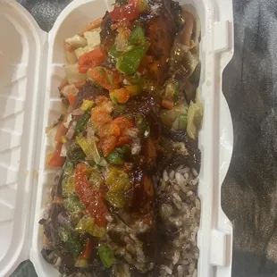 - Salmon and rice and beans and cabbage