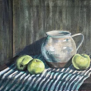 "Glazed Pottery with Green Apples" 11x14 oil painting