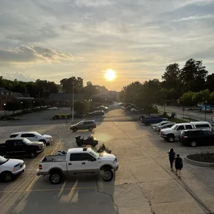 a parking lot at sunset