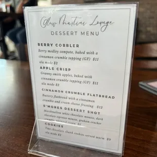 menu for desert menu