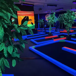 The trees, wall art, and outlines of the course lit from UV lights