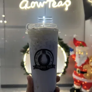 Taro Milk Tea with boba with Christmas decorations