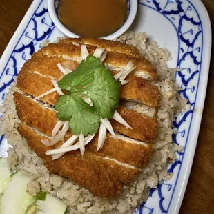 Crispy fried chicken with garlic. Rice